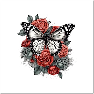 Butterfly and Red Roses Posters and Art